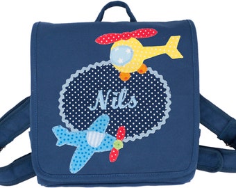 Kindergartentasche mit Flugzeug bestickt, Kinderrucksack mit Namen, Hubschrauber