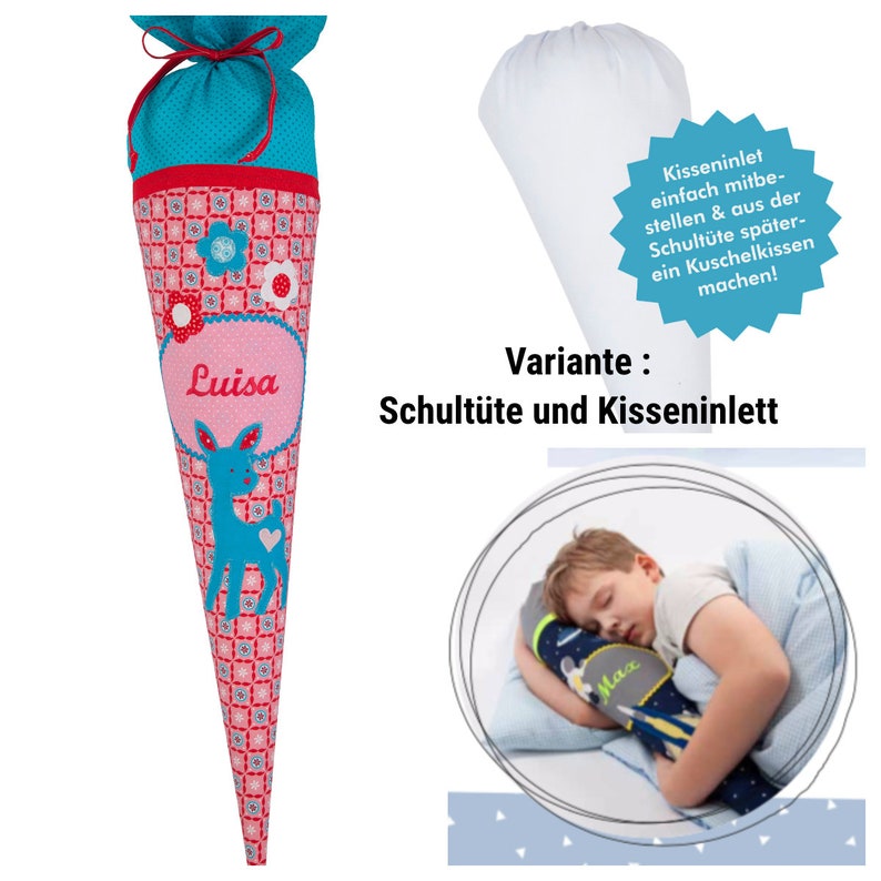 Schultüte aus Stoff Reh, Stoffschultüte für Mädchen, Schultüte genäht, genähte Schultüte aus Stoff Name und Inlet