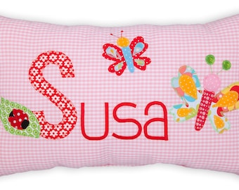 Coussin de nom en rose pour les filles, papillons, oreiller avec des noms de la naissance