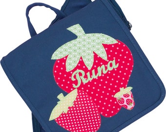 Kindergartentasche mit Namen Erdbeere, Kinderrucksack Blau