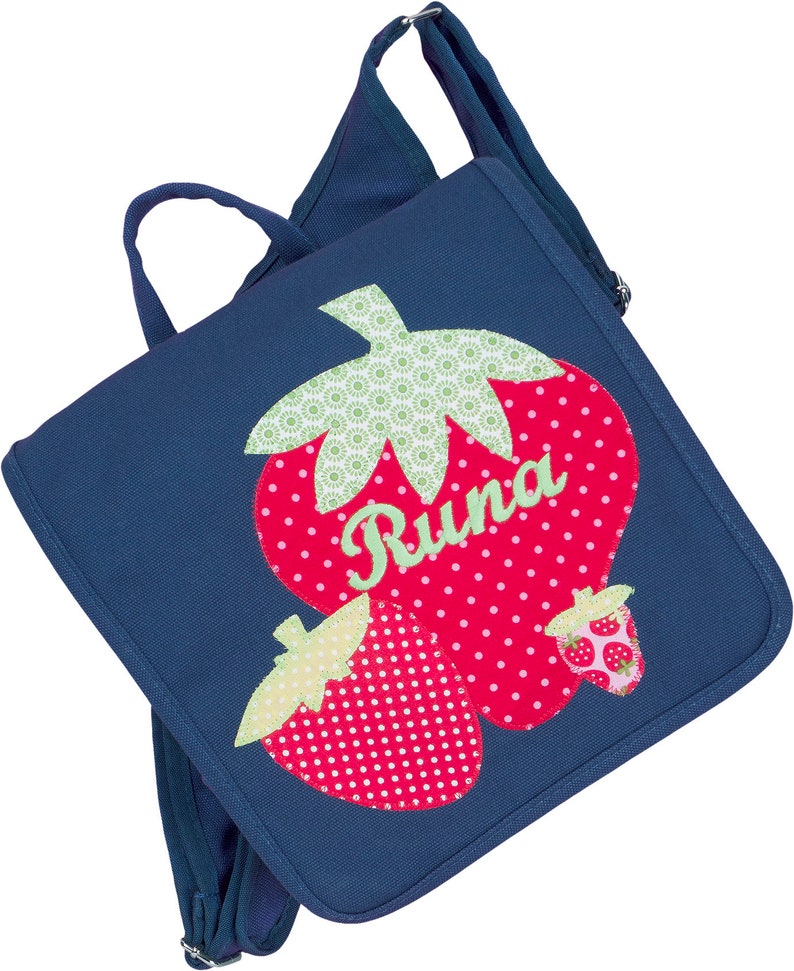 Kindergartentasche mit Namen Erdbeere, Kinderrucksack Blau image 1