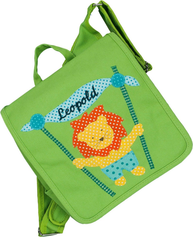 Kindergartentasche mit Namen, Motiv Löwe, Kinderrucksack Grün mit Namen Bild 1