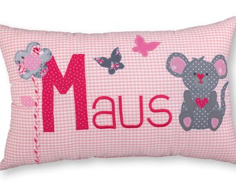 Kissen mit Namen bestickt und Maus, Taufgeschenk für Mädchen ein Namenskissenn