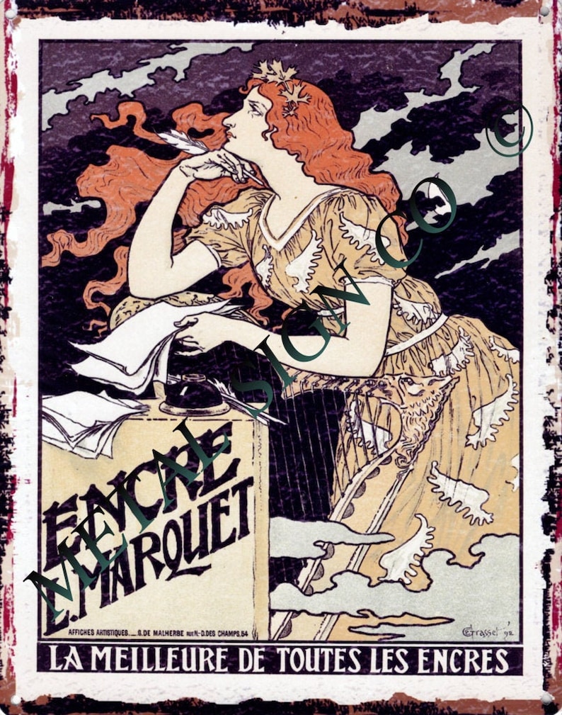 May include: A vintage advertisement for "Encre E. Marquet" ink, featuring a woman with red hair writing in a book. The text reads "La Meilleure de Toutes les Encres", which translates to "The Best of All Inks".