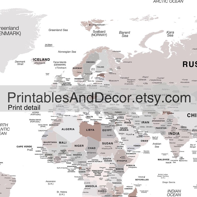 Detailed Printable World Map Brown World Travel Map Extra | Etsy
