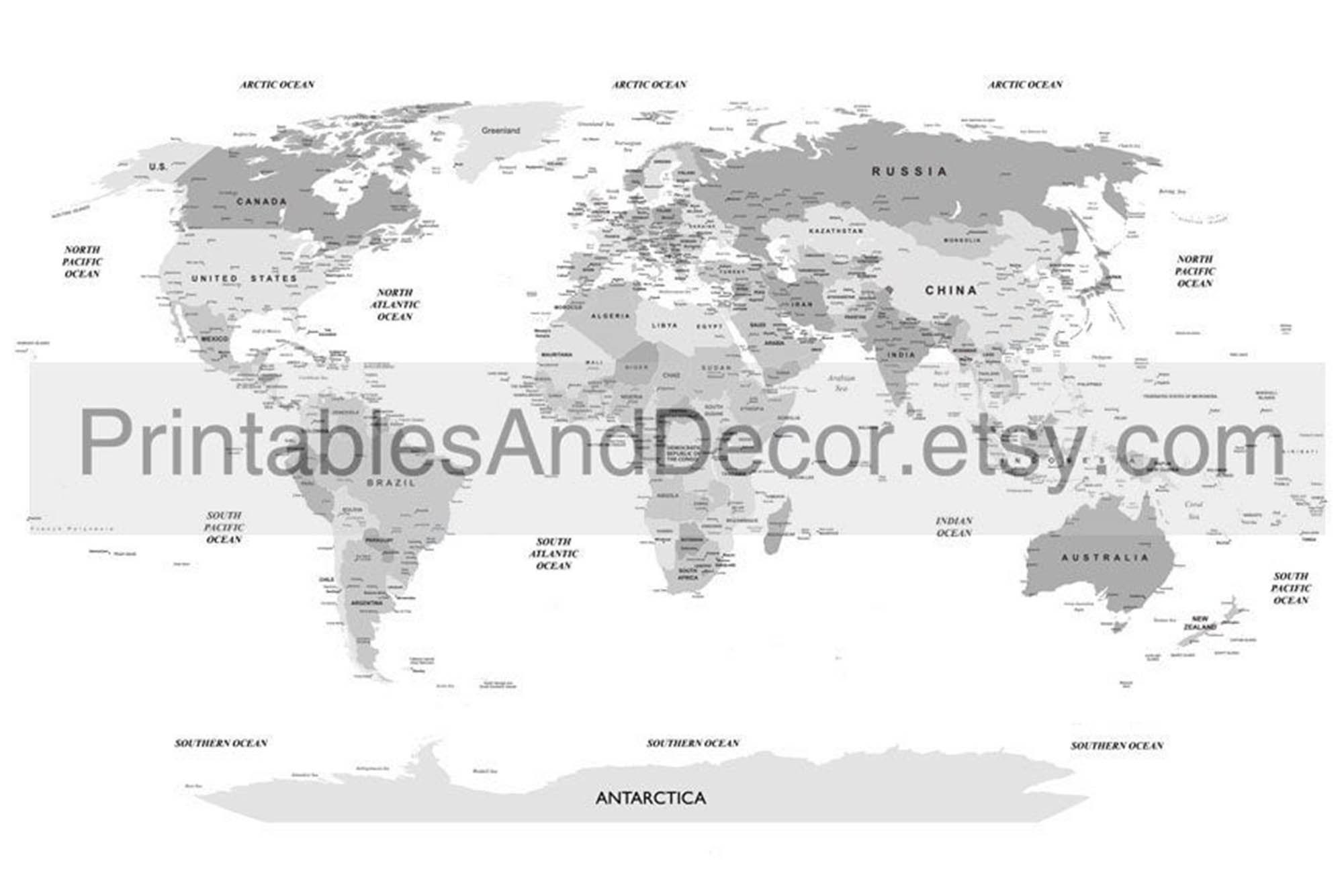 Gray World Map Printable World Map Large World Map Detailed Etsy