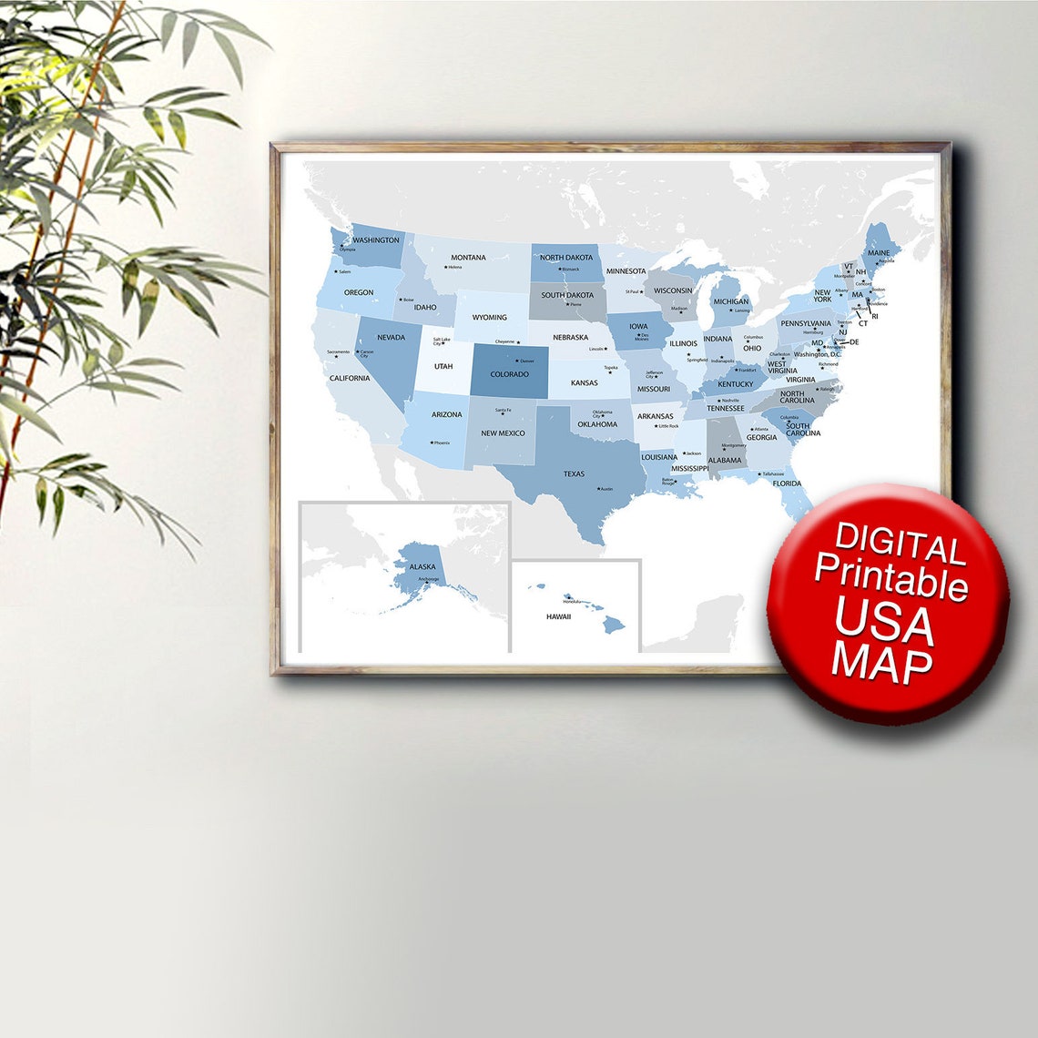8x10 USA Map Printable USA Map with Capitals in Blue 16x20 | Etsy