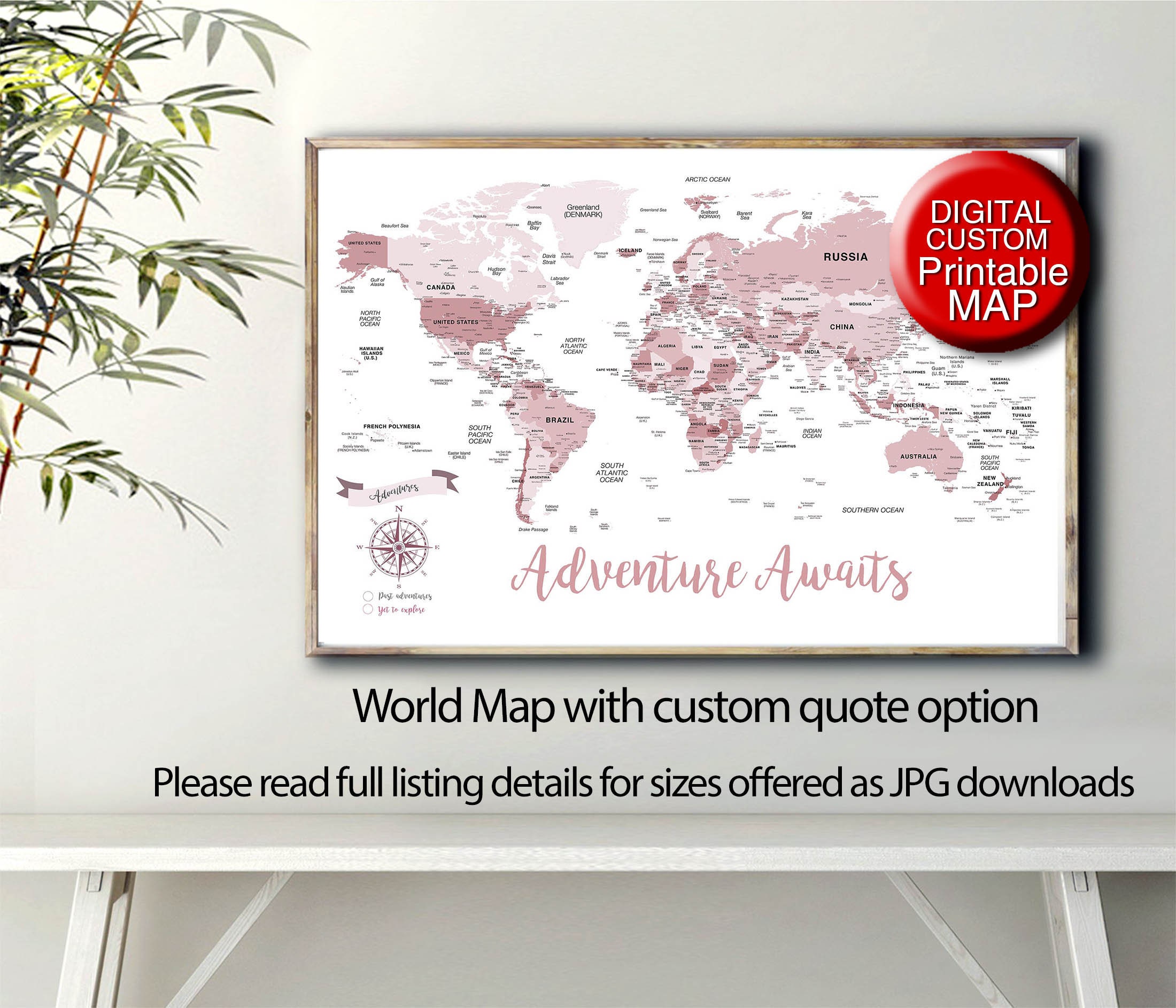 Printable Pink World Map Download Adventure Awaits World Map | Etsy