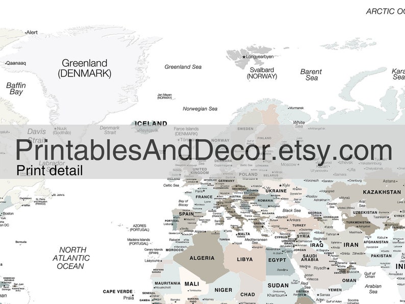printable world map neutral blue brown detailed world map