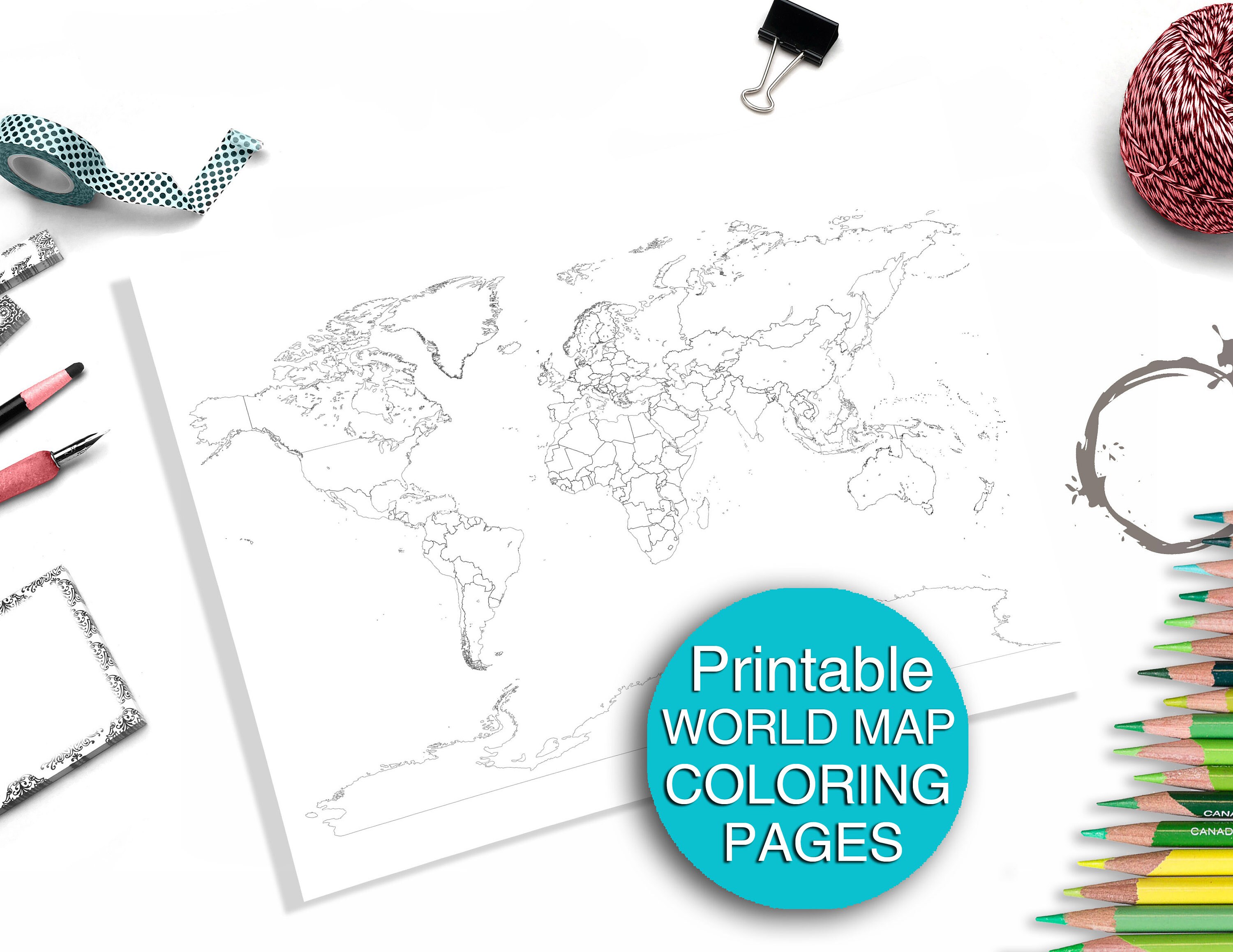Printable Coloring Page Printable Gift World Map Download Etsy