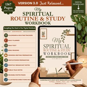 Może przedstawiać: Cyfrowy skoroszyt zatytułowany My Spiritual Routine & Study Workbook wyświetlany na ekranie tabletu. Skoroszyt zawiera sekcje dotyczące kalendarzy, planowania dnia, czytania Biblii, przygotowania do zebrań i notatek. Zawiera 1367 stron i jest kompatybilny z aplikacjami do notatek.