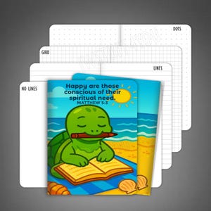 May include: A stack of notebooks with different page styles: no lines, grid, lines, and dots. The cover of one notebook features a cartoon turtle reading a book on a beach, with the text "Happy are those conscious of their spiritual need. Matthew 5:3."