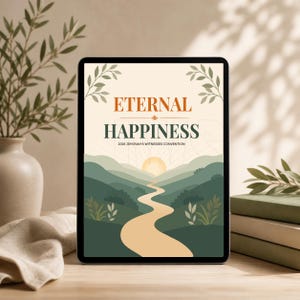 May include: A digital tablet displays the words "ETERNAL HAPPINESS" above a landscape illustration. The image features a winding road leading to a sunset over rolling green hills. The text "2026 Jehovah's Witnesses Convention" is also present.