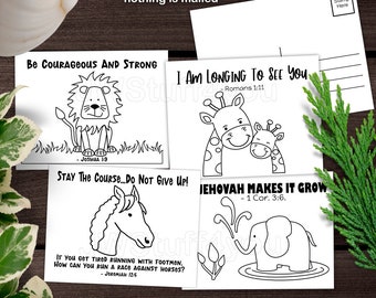 May include: A set of four coloring postcards, each featuring a different black and white line drawing of animals and inspirational text. The postcards are 5.50 inches wide and 4.25 inches tall.