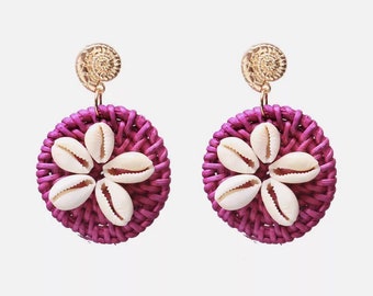 Seashell Woven Rattan Earrings| Beach Earrings| Boho Earrings| Seashell Earrings| Rattan Earrings| Summer Earrings| Pink Rattan Earrings|