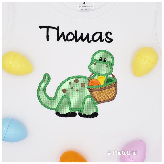 Boy Dino Easter Shirt, Boy Dino with Easter Basket Shirt, personalized Easter Dino Shirt