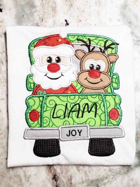 Santa and Reindeer in Truck Shirt, Deer & SantaTruck Shirt, Christmas Truck Shirt, Christmas Embroidered Truck Shirt,
