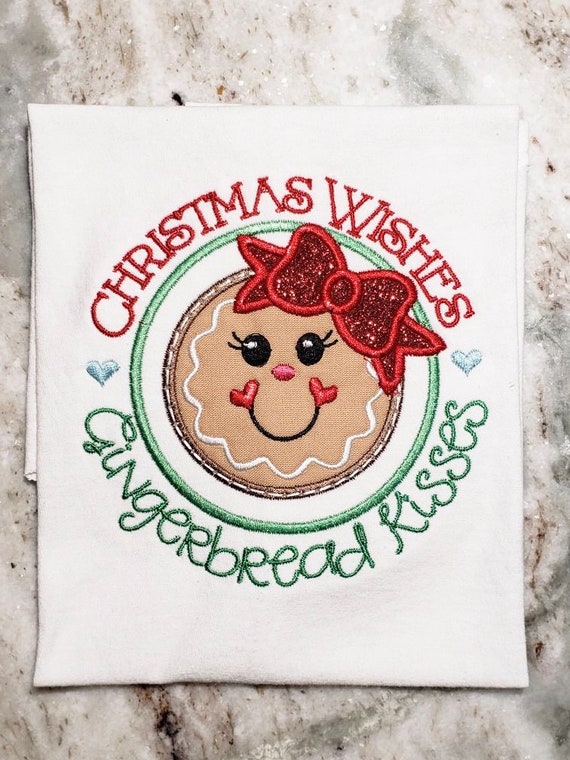 Girls Christmas Gingerbread Shirt, Christmas Wishes and Gingerbread Kisses