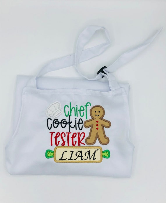 Child Christmas Apron, Lil Chef Christmas Cookie Testing Apron, Kids Adjustable Gingerbread Apron, Childs two pocketed apron