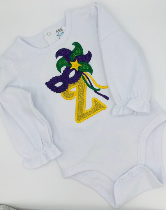 Mardi Gras Appliquéd letter Shirt. Girl’s Embroidered Letter Mardi Gras Shirt