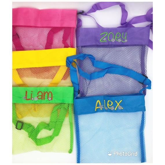Personalized kids Seashell Bag, Custom Shell Collecting Mesh Tote, Embroidered Mesh Childs Tote, Beach Toy