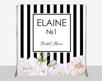 Silver and White Striped Floral Wedding Banner Personalized Party Backdrop Silver and White Striped Floral Wedding Banner Personalized Party Backdrop