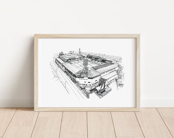 May include: Black and white line drawing of a football stadium, with the words "Manchester United Football Club" visible on the side of the stadium.