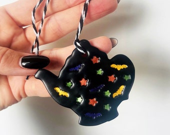Spooky Halloween Teapot Decoration - bat, stars, autumn, handmade, gift, autumn tree.