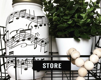 Musical Notes Mason Jar - hand decorated, vase, storage, music, monochrome.