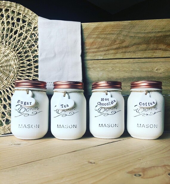 All White Tea Coffee & Sugar Jar canisters mason jar Etsy