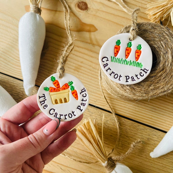 Carrot Patch Clay Decorations- handmade, Easter, Easter tree, bunny, spring.