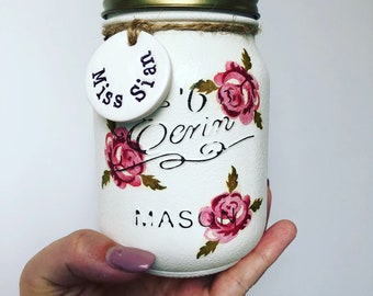 Hand decorated rose design jar - homemade, home decor, flower, vase, storage, personalised, gift.