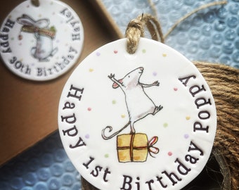 Personalised Happy Birthday Decoration - keepsake, handmade, mouse, rabbit.