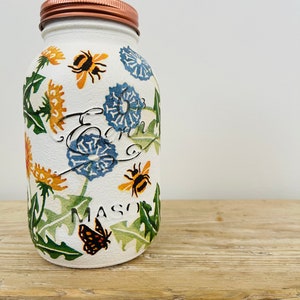 Hand decorated Mason jar with a sweet dandelion design - vase, storage, homeware, gift, decoration.