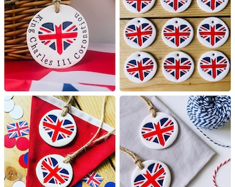 Coronation inspired Union Jack clay decorations - party, king.