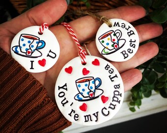 Handmade polka dot mug tags / labels / decoration / gift - personalised, cup, dotty, tea, coffee, hot chocolate.