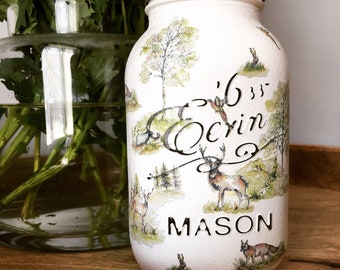 Woodland / Autumn themed mason jars - stag, fox, deer, hare, otter.