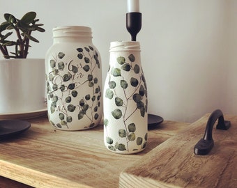 Hand decorated leaf design milk bottle - hygge, scandi, handmade, nordic, home, home decor.