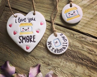 Marshmallow design clay tags / decorations / labels - valentine, Valentine’s Day, mallows, s’mores, love, handmade, organise, home decor.