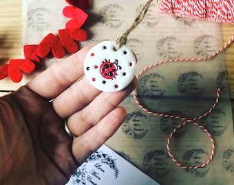 Ladybird and Polka Dot Clay Tag - handmade, ladybug, gift, decoration.