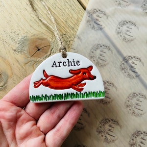 Handmade personalised dachshund design clay tag / ornament / decoration - gift, pet, dog, puppy.