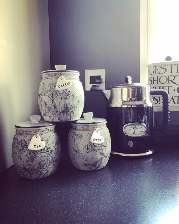 blue and white tea coffee sugar canisters