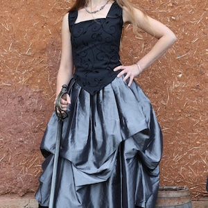 Long, pleated, draped silver and black skirt. Elven, romantic, medieval, steampunk, gothic, wedding, or Victorian style. Cape Diem