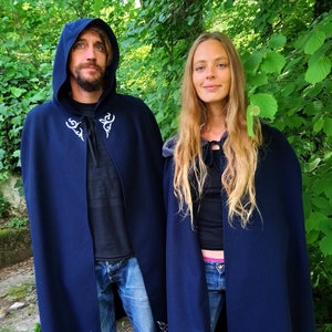 Long blue cape( unisex) with silver appliques, celtic interlacing or fake fur style LARP, cosplay, Gandalf,