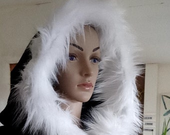 Long black cape with hood surrounded with white fake fur (or braid, lace) medieval fairy style Cape Diem