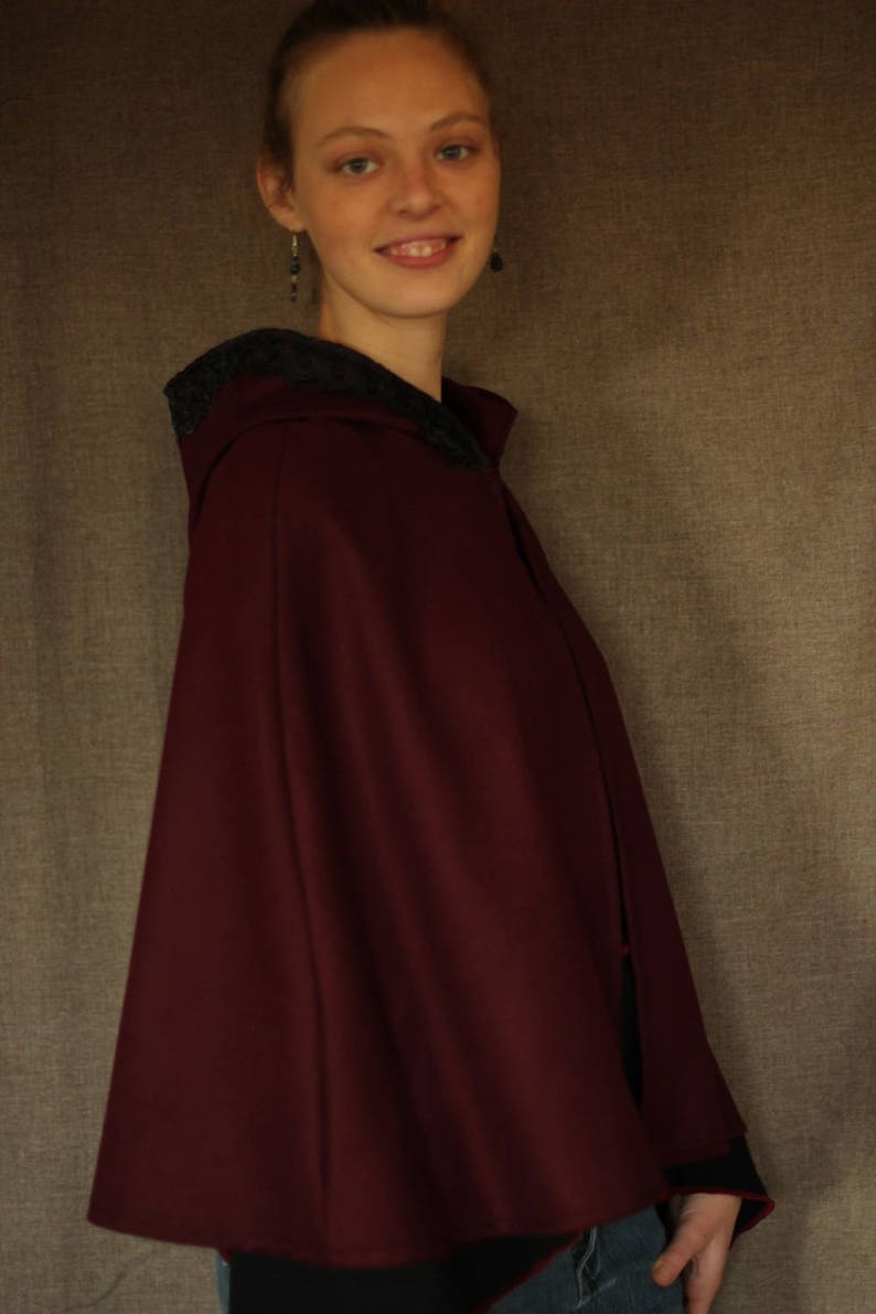 Burgundy cape with hood lined with black lace Cape Diem image 2