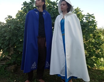 Long blue cape( unisex) with silver appliques, celtic interlacing or fake fur style LARP, cosplay, Gandalf,