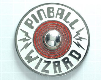 Pinball Wizard Enamel Pin (Red Glitter) Retro Gaming Arcade 1980's Throwback