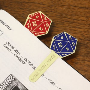 Brass D20 Dice Book Mark - Red or Blue - Twenty Sided Die - Dungeons and Dragons RPG D&D