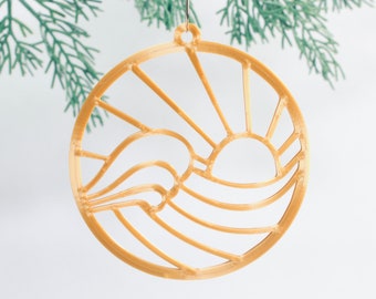 Surf Sunset Christmas Ornament - Coastal Inspired Waves and Sunshine - Metallic Gold